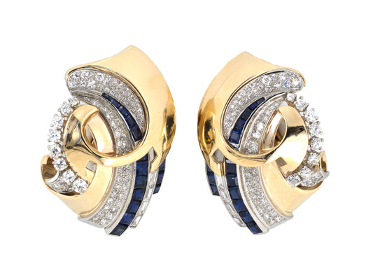 53835 - Retro Gold Platinum Diamond Sapphire Earrings