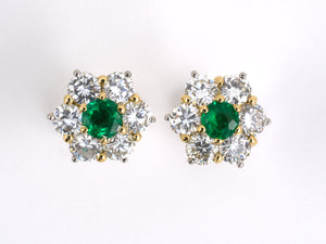 53924 - SOLD - Platinum Gold Emerald Diamond Cluster Earrings