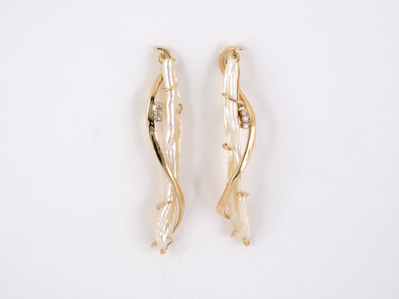 53985 - SOLD - Gold Diamond Stick Pearl Dangle Drop Earrings