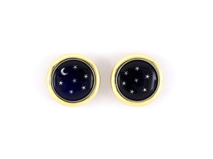 53999 - SOLD - Gold Frame Silver Stars Moon Blue Sky Porcelain Earrings