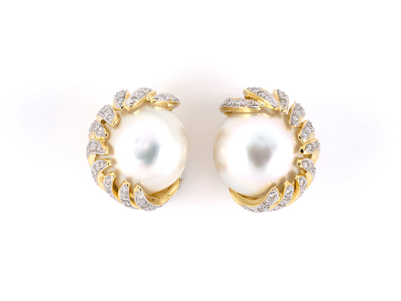 54011 - SOLD - Gold Diamond Pearl Floral Earrings