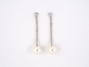 54065 - SOLD - Gold Diamond Pearl Drop Dangle Earrings