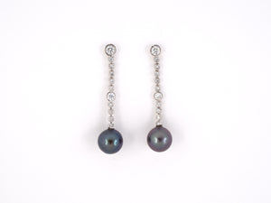 54068 - SOLD - Gold Diamond Black Pearl Drop Dangle Earrings