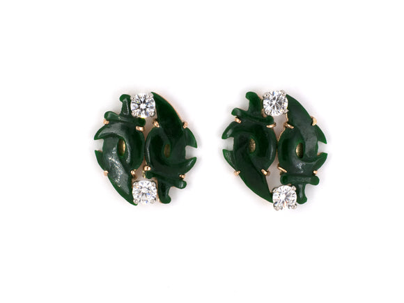 54096 - SOLD - Gold Platinum Diamond Carved Jadeite Crescent Shape Earrings