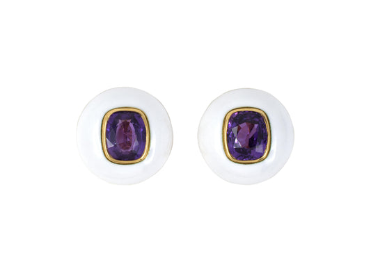 54114 - Gold Purple Sapphire White Enamel Domed Button Earrings