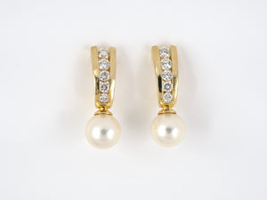 54137 - SOLD - Gold Diamond Pearl Drop Earrings