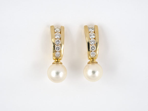 54137 - SOLD - Gold Diamond Pearl Drop Earrings