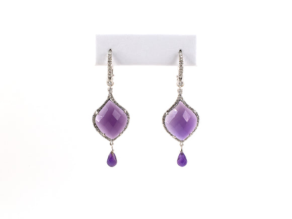 54160 - SOLD - Gold Diamond 20Th Century Cut Amethyst Cluster Tear Drop Earrings