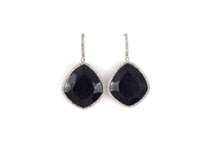 54163 - SOLD - Gold Blue Sandstone Diamond Cluster Dangle Drop Earrings