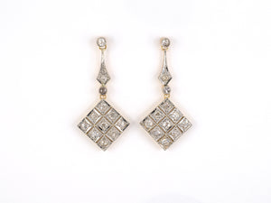 54172 - SOLD - Art Deco Platinum Gold Diamond Navette Shape Dangle Drop Earrings