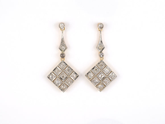 54172 - SOLD - Art Deco Platinum Gold Diamond Navette Shape Dangle Drop Earrings