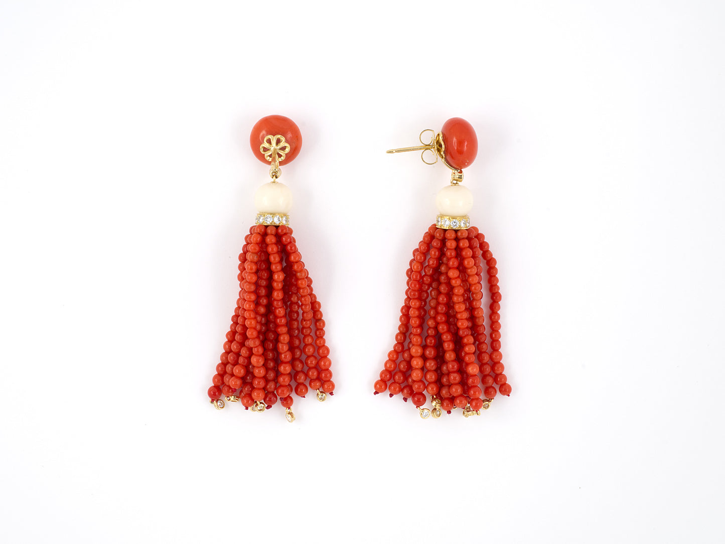 54182 - SOLD - Gold Red And White Coral Bead Diamond 14 Strand Tassels Drop Earrings