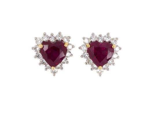 54189 - SOLD - Platinum Gold Heart Shape AGL Burma Ruby Diamond Cluster Earrings