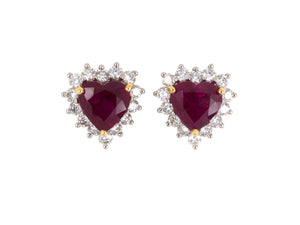 54189 - Platinum Gold Heart Shape AGL Burma Ruby Diamond Cluster Earrings