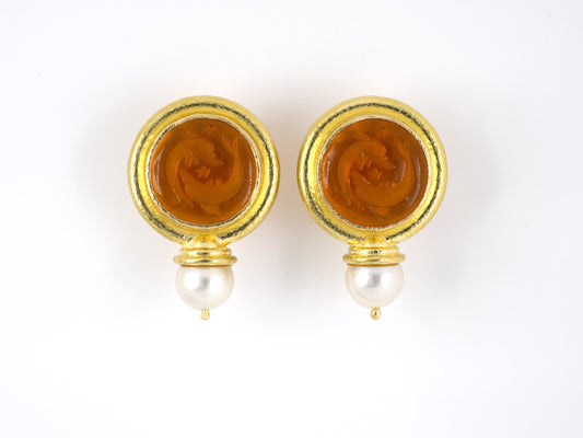 54192 - SOLD - Elizabeth Locke Gold Pearl Orange Color Venetian Glass Carved Dolphin Intaglio With Mother Of Pearl Backing Earrings