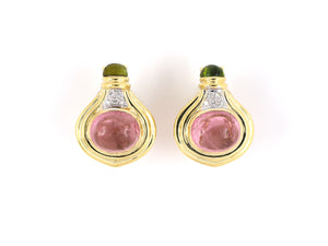 54198 - SOLD - Gold Diamond Pink Green Tourmaline Tiered Swirl Tear Drop Earrings