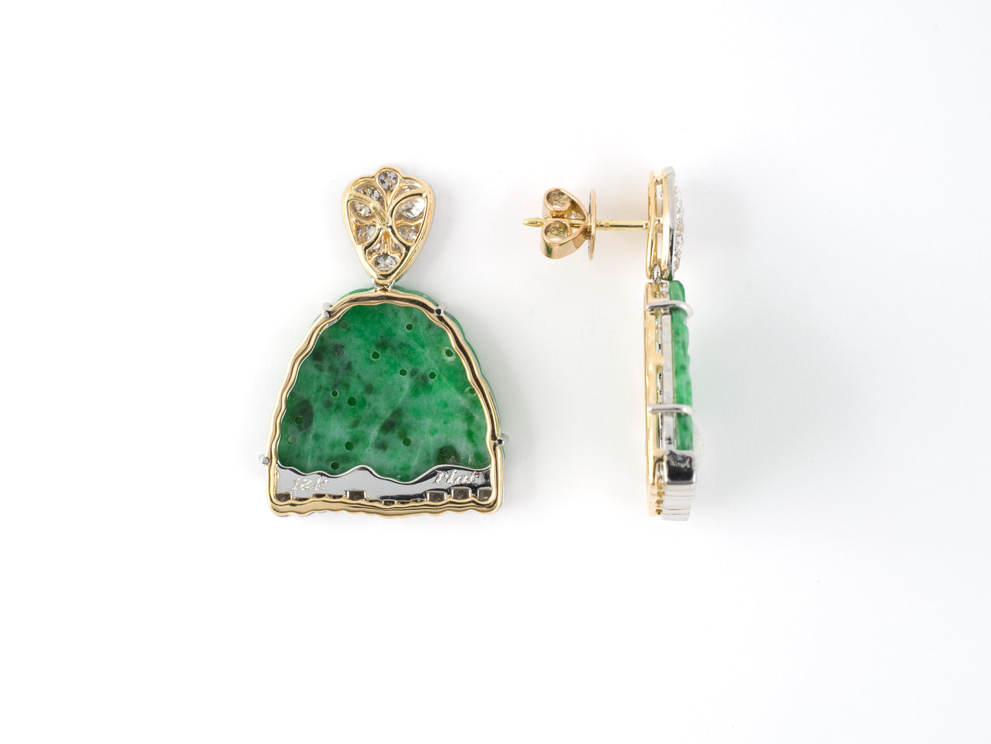 54213 - Platinum Gold Carved Jadeite Diamond Dangle Drop Earrings