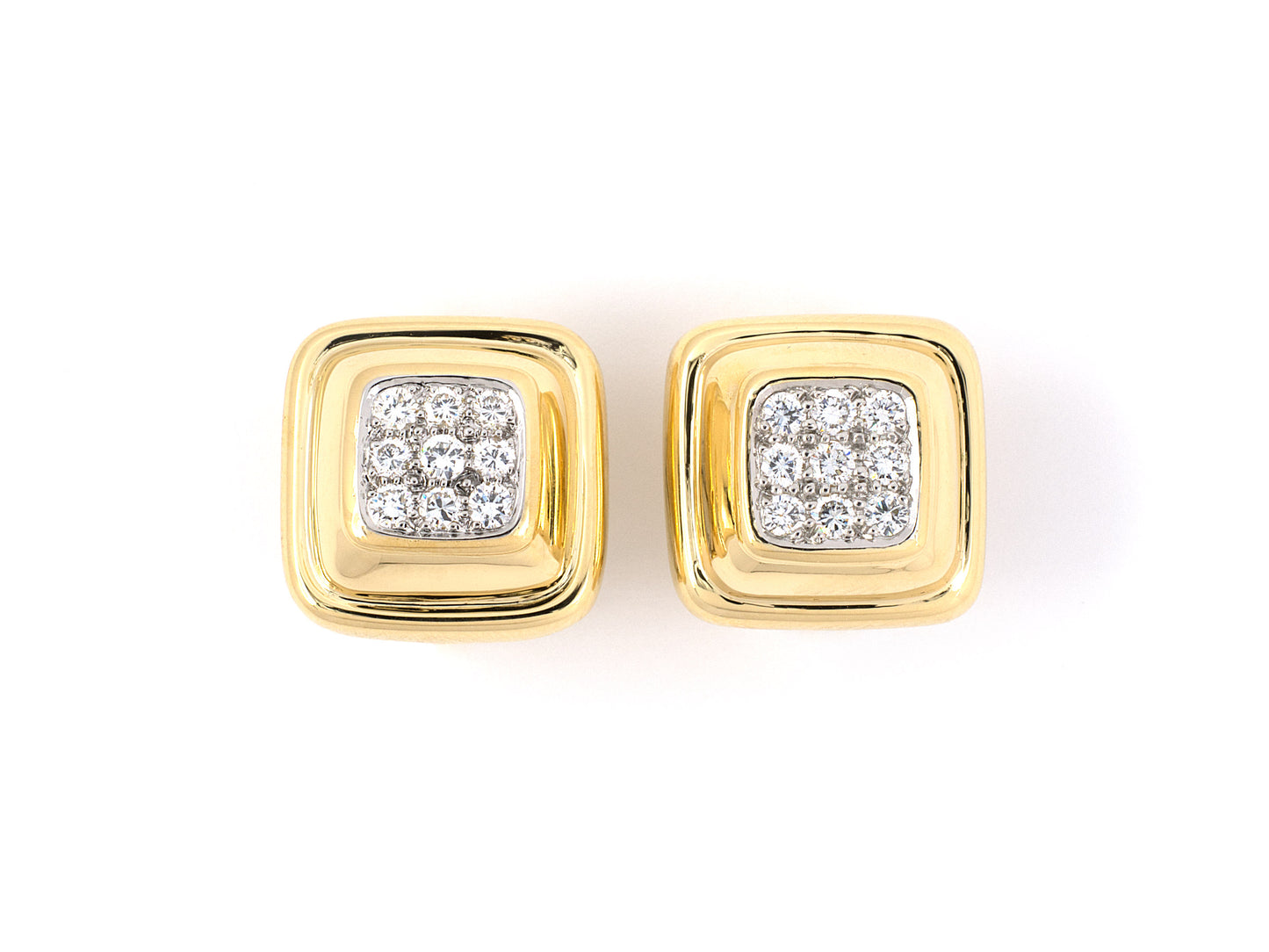 54233 - SOLD - Gold Platinum Pave Set Diamond Tiered Square Cluster Earrings