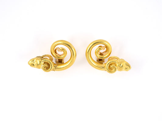 54237 - SOLD - Lalaounis Greece Gold Carved Rams Head Earrings