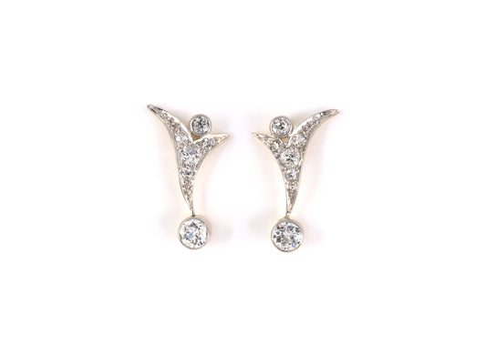 54239 - SOLD - Edwardian Platinum Gold Diamond Leaf Drop Dangle Earrings