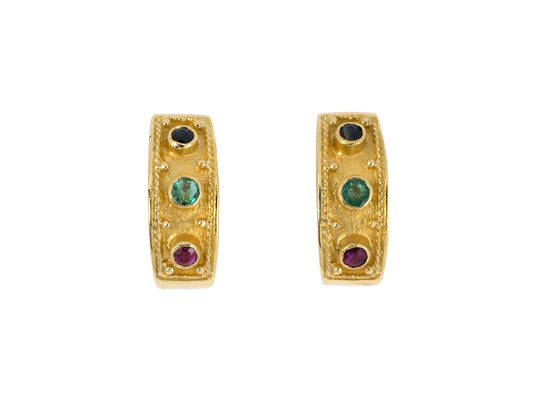 54240 - SOLD - Gold Tube Set Emerald Ruby Sapphire Rope Design Border Earrings