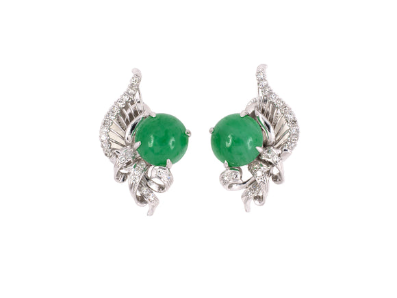 54242 - Gold Jadeite Diamond Woven Scroll Clef Earrings