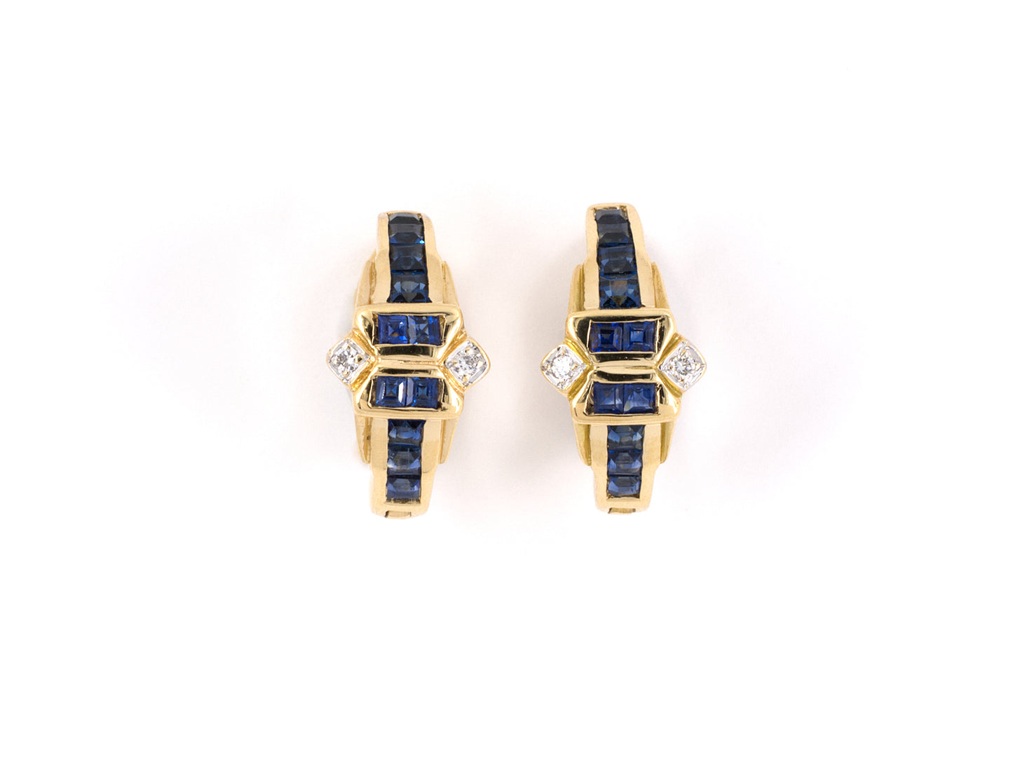 54251 - SOLD - Gold Sapphire Diamond Channel Set Hoop Style Earrings