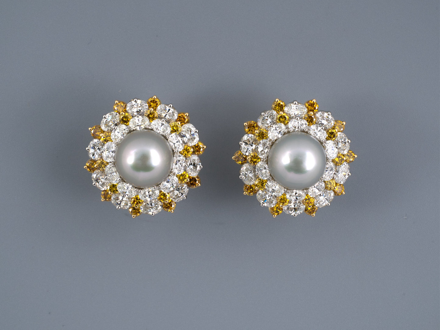 54267 - Circa 1993: Oscar Heyman Platinum Gold South Sea Pearl Diamond GIA Natural Color Yellow Cluster Earrings