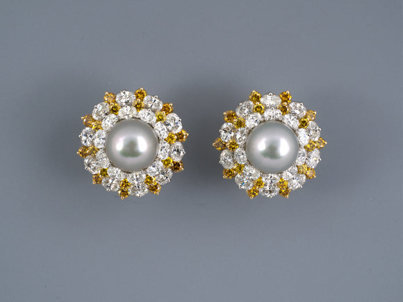 54267 - Circa 1993: Oscar Heyman Platinum Gold South Sea Pearl Diamond GIA Natural Color Yellow Cluster Earrings