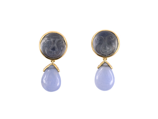 54268 - SOLD - Gold Moonstone Blue Chalcedony Earrings