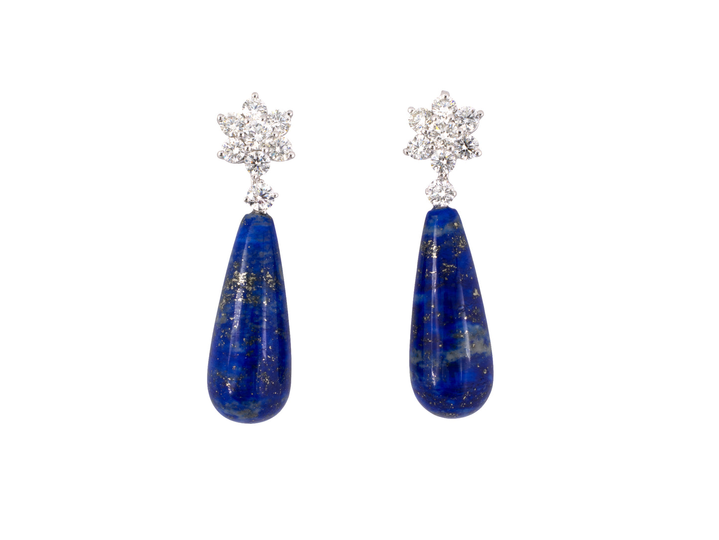 54277 - SOLD - Gold Diamond Cluster Lapis Tear Drop Earrings Friction Backs F Vs Si1