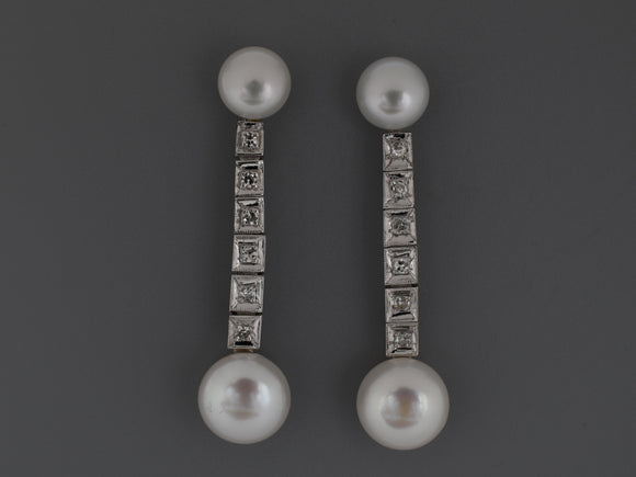 54282 - SOLD - Gold Diamond Pearl Drop Earrings