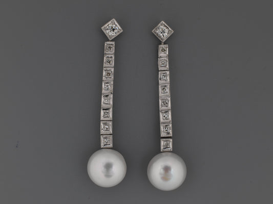 54283 - SOLD - Platinum Gold Diamond Pearl Dangle Drop Earrings
