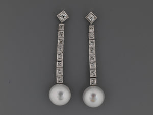 54283 - Platinum Gold Diamond Pearl Dangle Drop Earrings