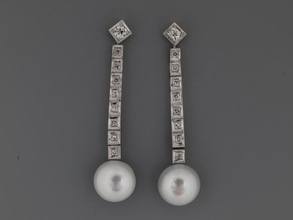 54283 - Platinum Gold Diamond Pearl Dangle Drop Earrings