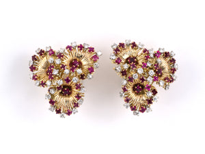 54297 - Circa 1950s Platinum Gold Diamond Ruby Floral Flower Cluster Earrings