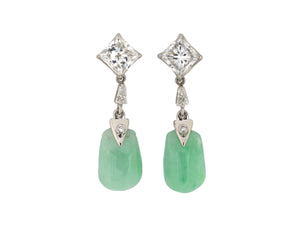 54303 - Platinum GIA Princess Cut Diamond Jadeite Briolette Dangle Drop Earrings