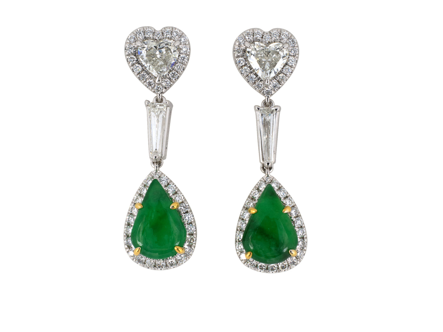 54320 - SOLD - Gold Heart Diamond GIA Jadeite Pear Shape Drop Dangle Earrings