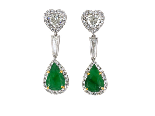 54320 - SOLD - Gold Heart Diamond GIA Jadeite Pear Shape Drop Dangle Earrings