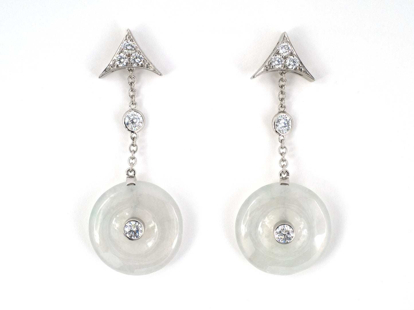 54331 - Platinum Diamond Jadeite Disc Triangular Dangle Drop Earrings