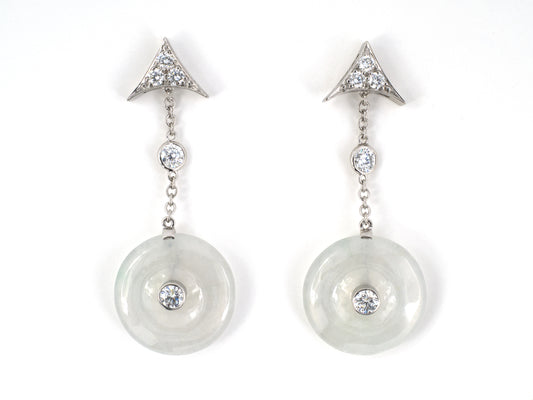 54331 - Platinum Diamond Jadeite Disc Triangular Dangle Drop Earrings