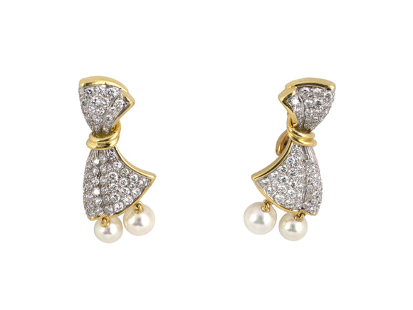 54335 - Circa 1990 Gold Diamond Pearl Bow Drop Earrings