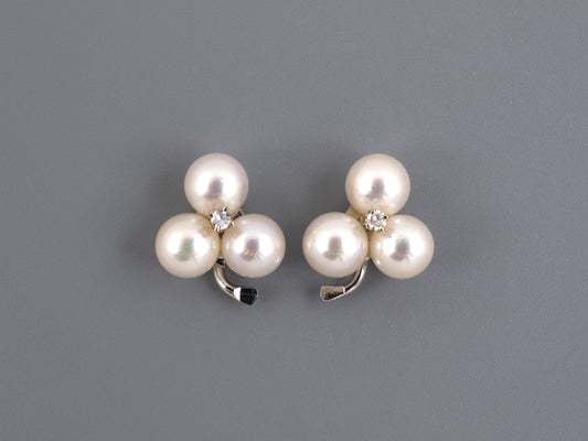 54337 - SOLD - Gold Sterling Silver Diamond Pearl Clover Flower Cluster Stud Earrings