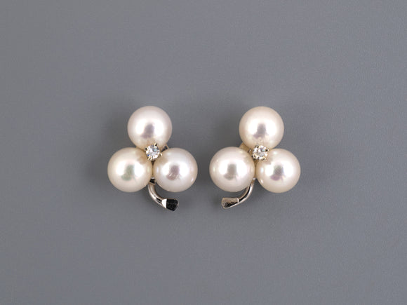 54337 - SOLD - Gold Sterling Silver Diamond Pearl Clover Flower Cluster Stud Earrings