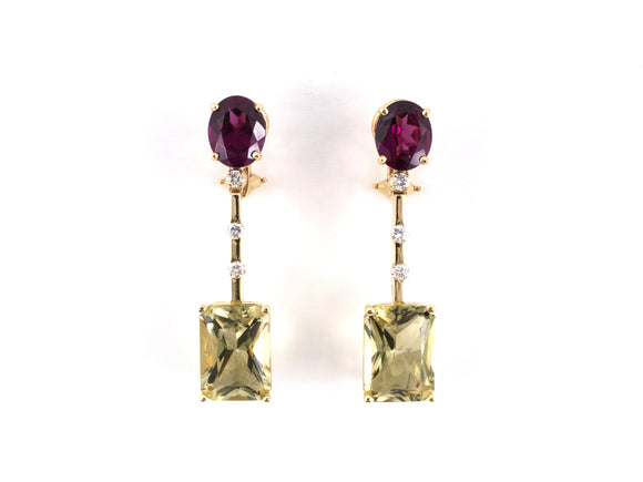 54338 - SOLD - Gold Diamond Garnet Green Yellow Quartz Drop Earrings