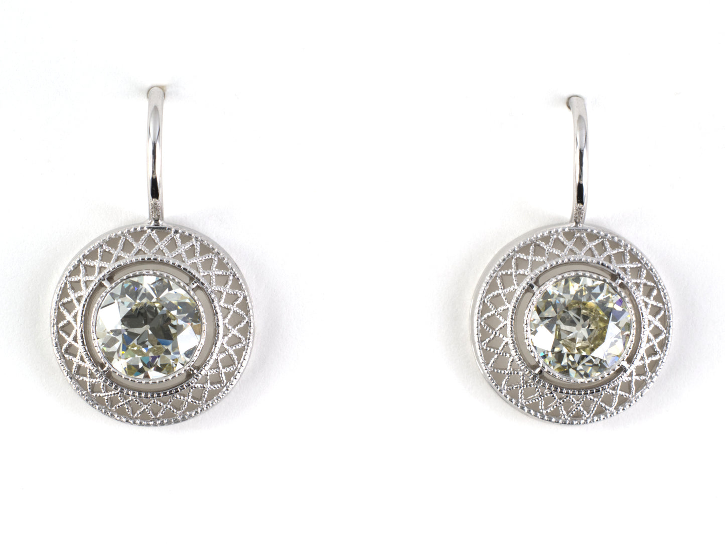 54344 - SOLD - Platinum Gold Diamond Filigree Kidney Back Earrings