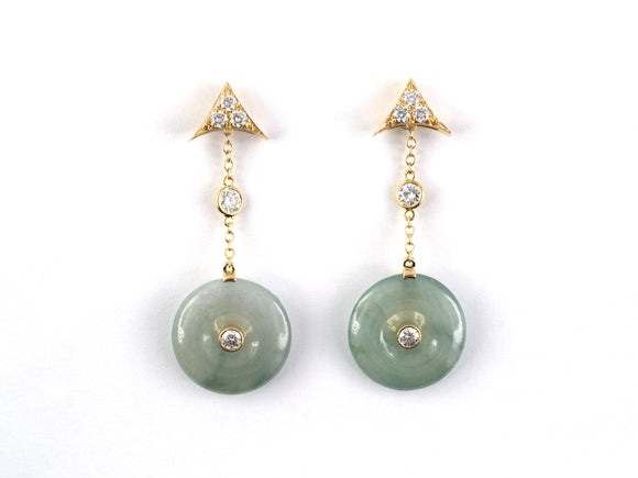 54349 - Gold Diamond Jadeite Disc Triangular Dangle Drop Earrings