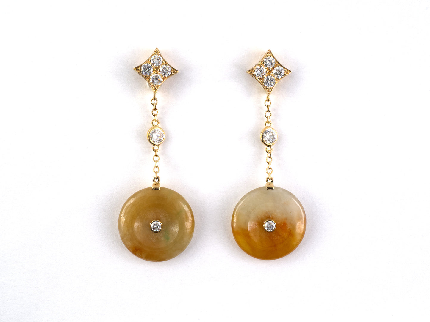 54350 - Gold Diamond Jadeite Square Dangle Drop Earrings