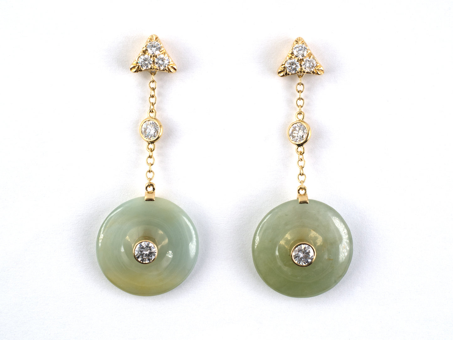 54351 - Gold Diamond Jadeite Pi Disc Triangular Dangle Drop Earrings