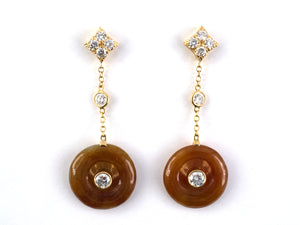 54352 - Gold Diamond Pi Disc Jadeite Square Dangle Drop Earrings